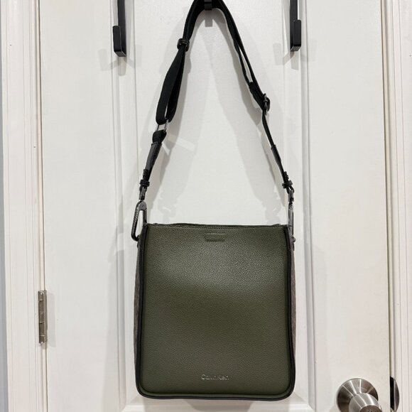 EUC Calvin Klein Olive Green & Brown Monogram Crossbody Bag - Picture 2 of 6